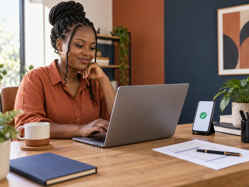 Freelancer reviewing a client payment workflow at her laptop